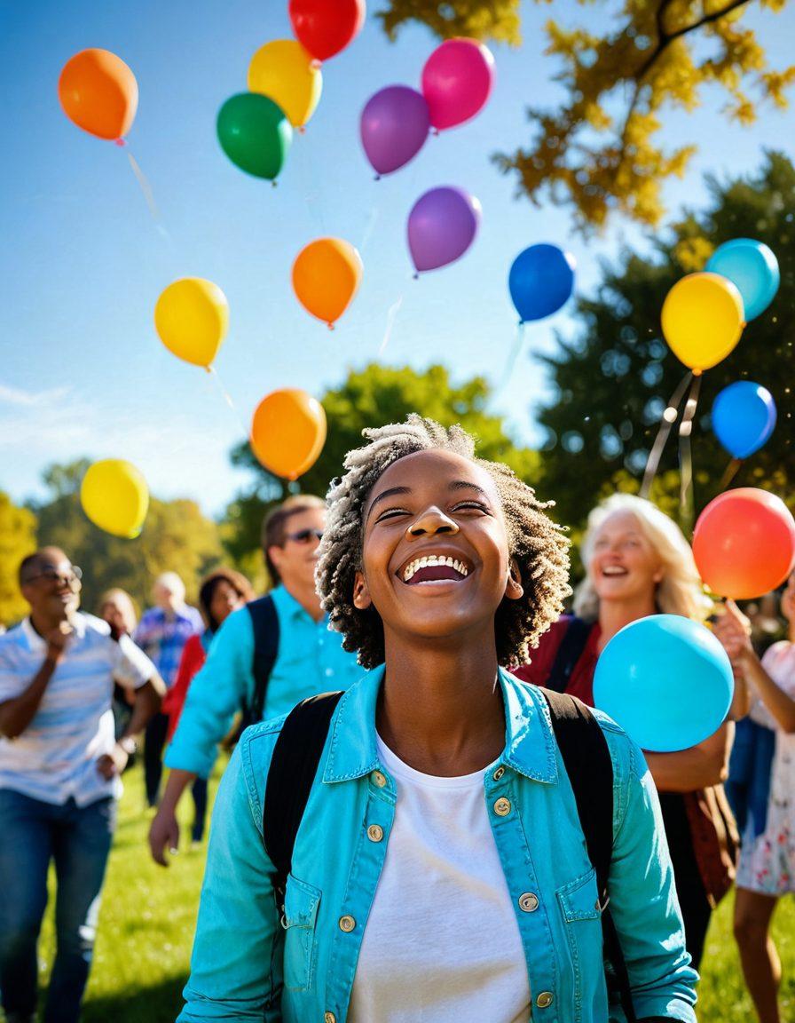 A cheerful photographer capturing joyful smiles in a sunlit park, surrounded by diverse people of all ages laughing and sharing moments. The scene should evoke warmth and happiness, with colorful balloons and a bright blue sky in the background. The camera lens should gleam, symbolizing creativity and storytelling through visuals. super-realistic. vibrant colors. natural setting.