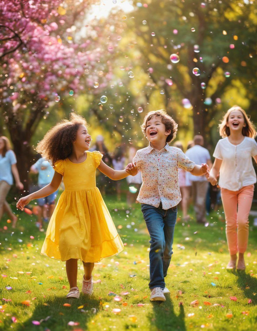 A whimsical collage showcasing diverse joyful moments captured candidly, featuring a child laughing with bubbles, friends dancing at a party, and a couple sharing a quiet moment in a park. The background is filled with colorful, soft-focus elements like confetti and blooming flowers, evoking warmth and cheer. Emphasize the magic of candid photography with playful light flares. vibrant colors. super-realistic.