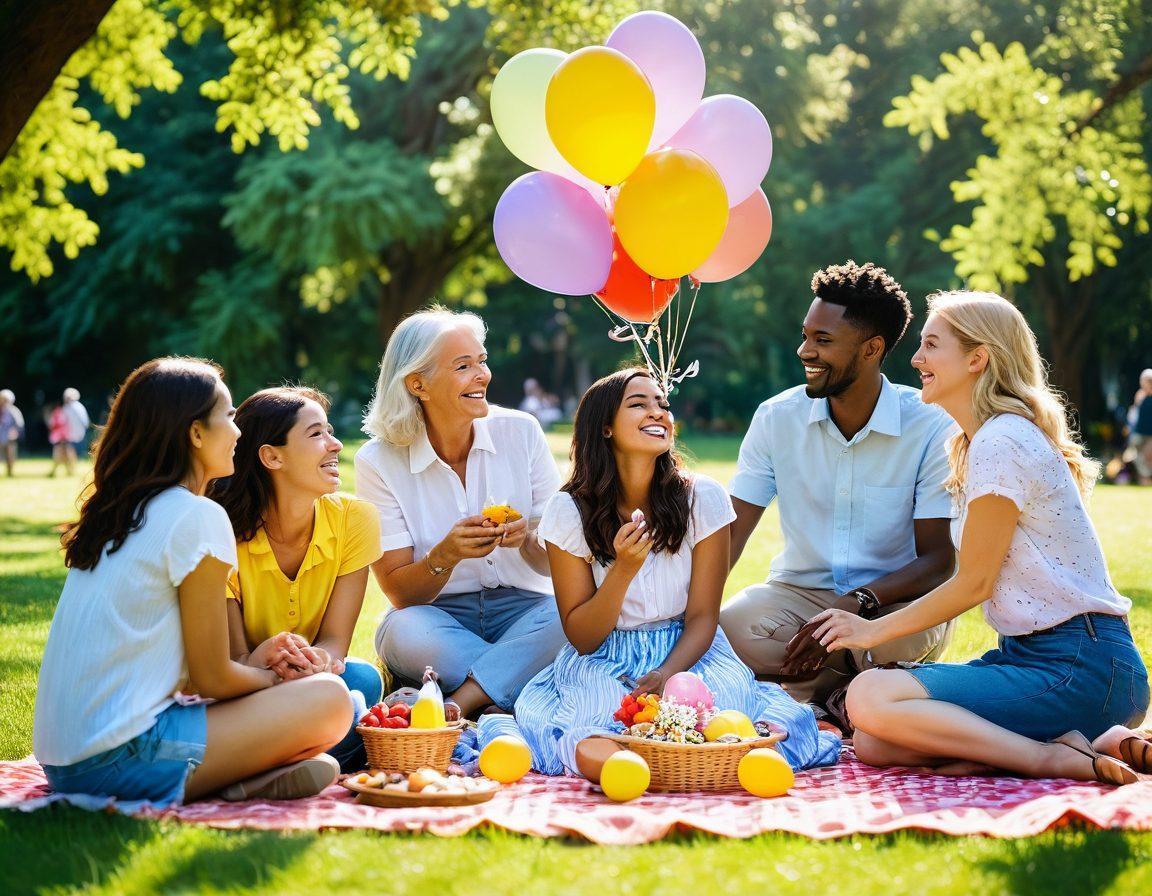 A heartwarming scene showcasing diverse people of different ages and backgrounds laughing and smiling in a sunlit park. Their expressions radiate joy and happiness, with colorful balloons and a picnic setup in the background. A photographer is skillfully catching these moments, surrounded by vibrant flowers and greenery. The atmosphere is lively and celebratory, encapsulating the essence of joyful moments. super-realistic. vibrant colors. natural lighting.